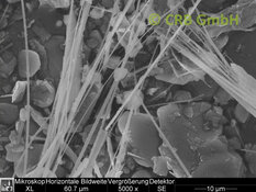 Amiante de trémolite dans crépis, mastic, image MEB | © CRB Analyse Service GmbH