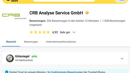 Más de 1000 valoraciones excelentes en Trusted Shops para CRB Analyse Service GmbH | © CRB Analyse Service GmbH