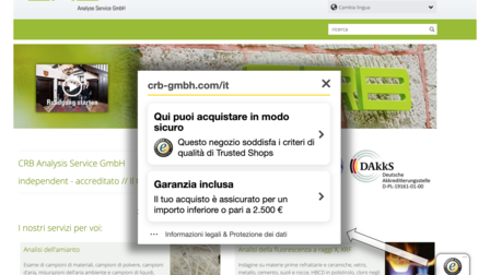 Captura de pantalla de la nueva versión italiana de CRB Analyse Service GmbH con certificación Trusted Shop: https://www.crb-gmbh.com/it | © CRB Analyse Service GmbH
