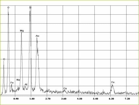 EDX-spectrum of amphibole asbestos, anthophyllite in talcum, steatite | © CRB Analyse Service GmbH EDX-spectrum of amphibole asbestos, anthophyllite in talcum, steatite | © CRB Analyse Service GmbH