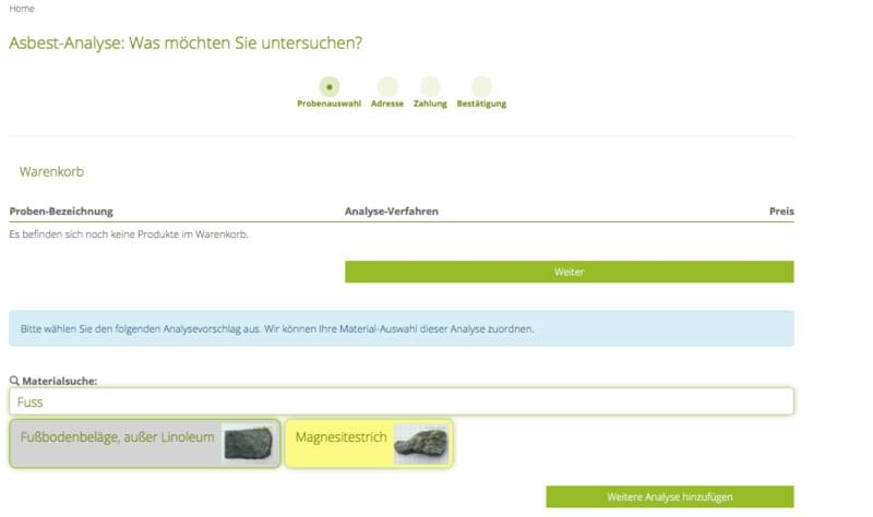 CRB Kundenshop: Probenmaterial für Asbest-Analyse auswählen
