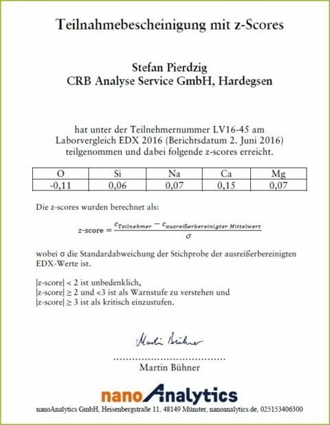 CRB GmbH | Zertifikat Ringversuch Röntgenmikroanalyse | © CRB Analyse Service GmbH CRB GmbH | Zertifikat Ringversuch Röntgenmikroanalyse | © CRB Analyse Service GmbH