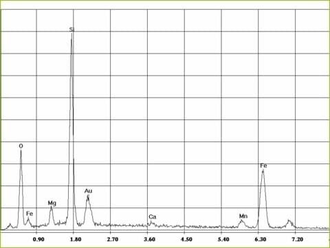 EDX-spectrum of amphibole asbestos, amosite in Promabest | © CRB Analyse Service GmbH EDX-spectrum of amphibole asbestos, amosite in Promabest | © CRB Analyse Service GmbH