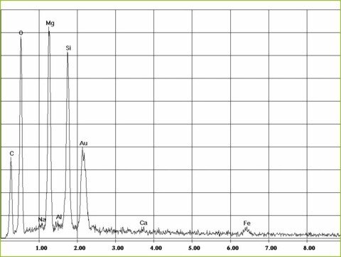 EDX-spectrum of chrysotile asbestos in asbestos bearing gaskets | © CRB Analyse Service GmbH EDX-spectrum of chrysotile asbestos in asbestos bearing gaskets | © CRB Analyse Service GmbH