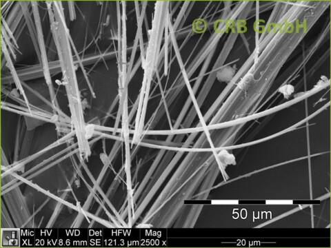 SEM-picture of amphibole asbestos, amosite in asbestos-cement, fibrous cement | © CRB Analyse Service GmbH SEM-picture of amphibole asbestos, amosite in asbestos-cement, fibrous cement | © CRB Analyse Service GmbH