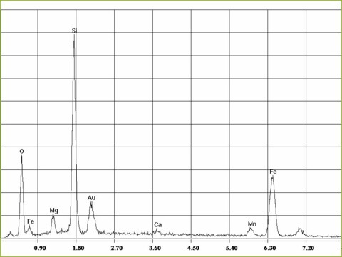 EDX-spectrum of amphibole asbestos, amosite in asbestos-cement, fibrous cement | © CRB Analyse Service GmbH EDX-spectrum of amphibole asbestos, amosite in asbestos-cement, fibrous cement | © CRB Analyse Service GmbH