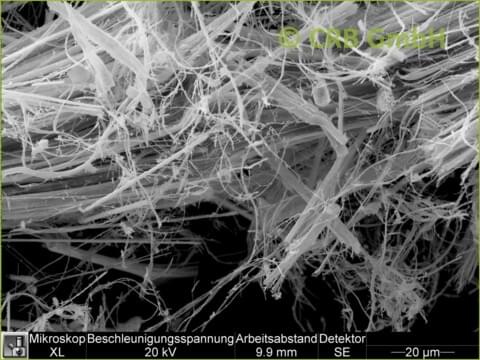 REM-Bild Chrysotil-Asbest in Asbestschnur | © CRB Analyse Service GmbH REM-Bild Chrysotil-Asbest in Asbestschnur | © CRB Analyse Service GmbH
